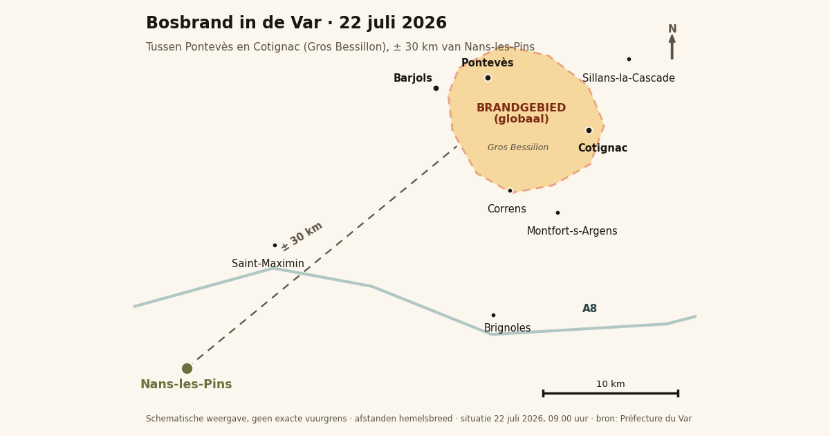 Schematische kaart: het brandgebied rond de Gros Bessillon tussen Barjols, Pontevès en Cotignac, met Nans-les-Pins circa 30 kilometer zuidwestelijker, voorbij Saint-Maximin en de A8.