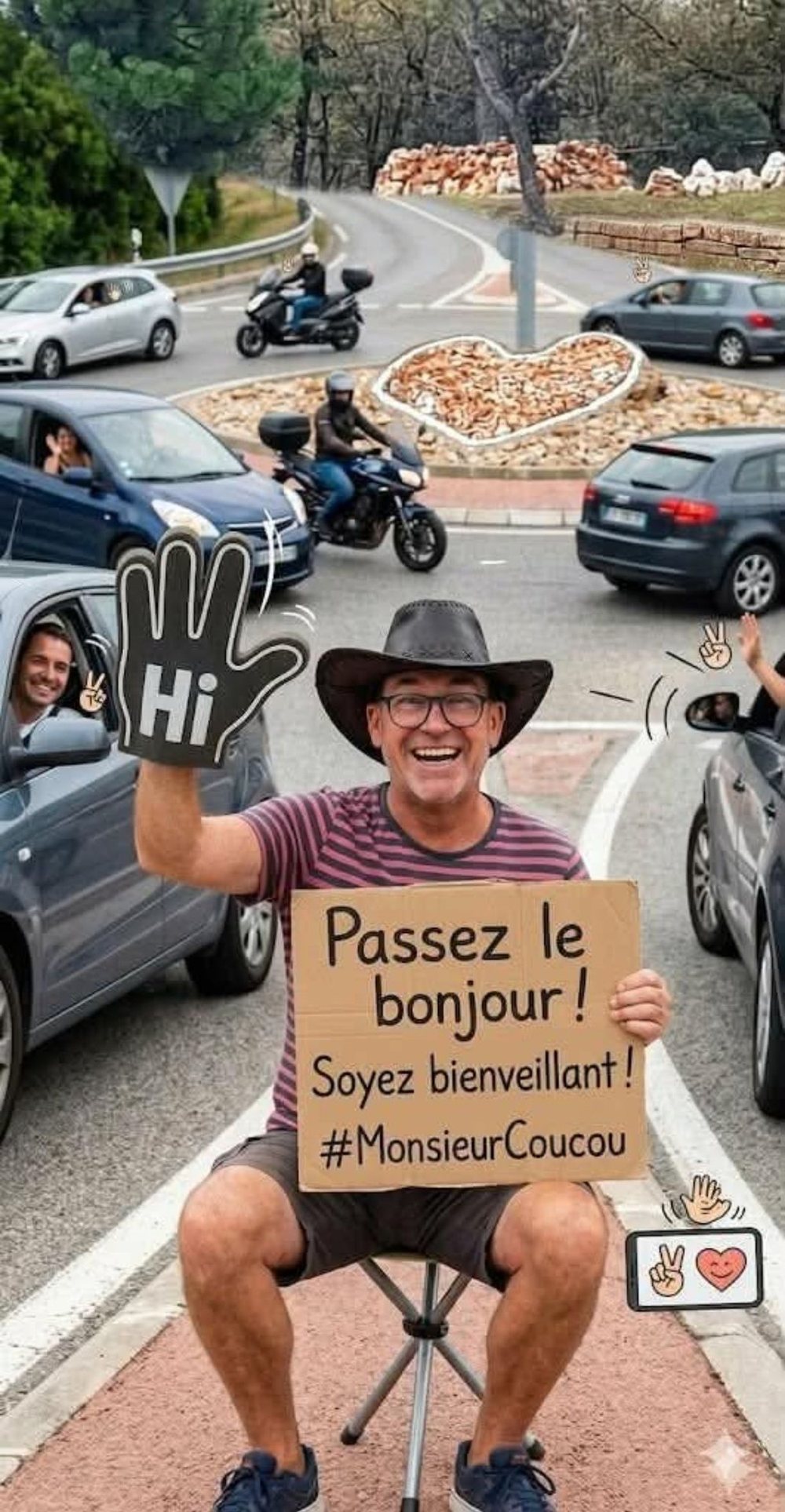 Thierry, bekend als Monsieur Coucou, zwaait met een Hi-hand naar het verkeer op de rotonde in Nans-les-Pins, met achter hem het hart van kiezelstenen
